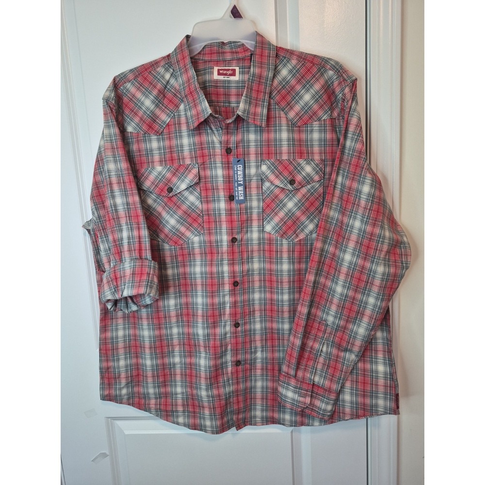 Men's Wrangler Button Down Shirt Red Gray Plaid Long Sleeve Size 2XL NWT